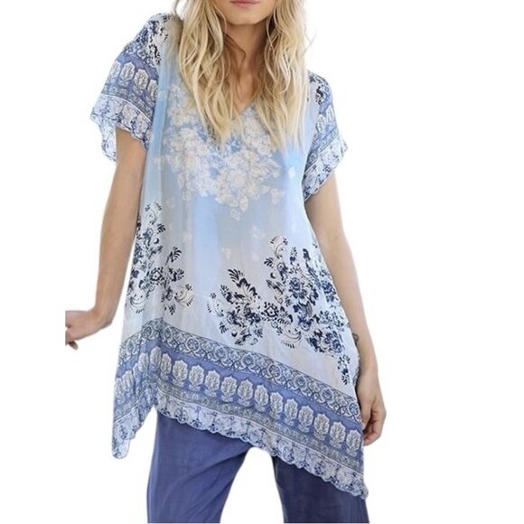 Johnny Was Tops - Johnny Was Floral Tunic Top Size L Blue V Neck Boho Chic Flowy Gypsy Bohemian
